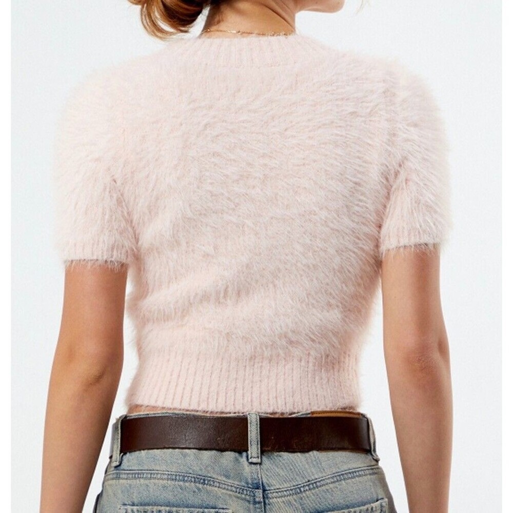 NWT Mink Pink Millie Fluffy Knit Tee Women L Blush Pink Short Sleeve Sweater - Picture 2 of 12